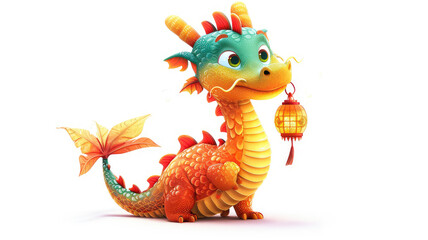 Fototapeta premium A colorful, cartoonish dragon holding a lantern, exuding a playful and whimsical charm isolated on white background.