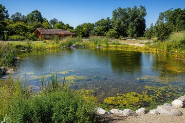 A scenic park featuring a small lake with clear water, integrated sustainable management systems, and rich biodiversity, attracting various forms of wildlife.