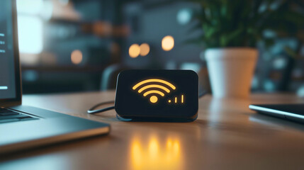 A small Wi-Fi router adapter used for transferring internet to various devices, a small adapter that has a Wi-Fi icon on it and a signal indicator, small Wi-Fi routers.