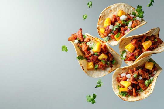 Ingredients for tacos al pastor--marinated pork, pineapple, onions, cilantro, and tortillas--flying in the air and forming tacos, minimal background with copy space