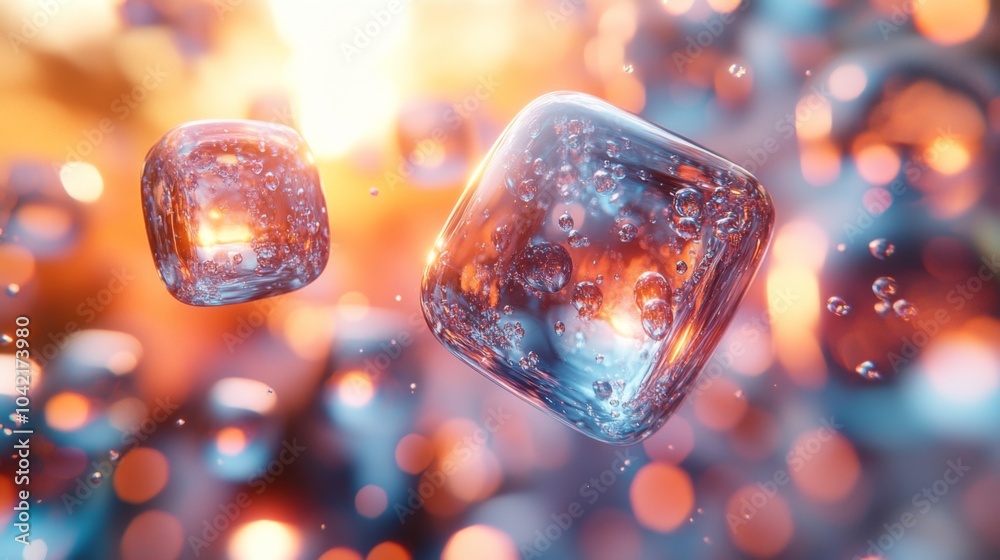 Poster Two translucent ice cubes hover in the air, surrounded by vivid bubbles and colors that evoke a sense of warmth and texture in the setting.