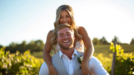 Naklejka premium Groom and bride take fun outdoor.