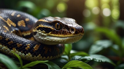 Obraz premium A close-up of a black and yellow snake with a light brown eye, coiled up in the green undergrowth of a forest.