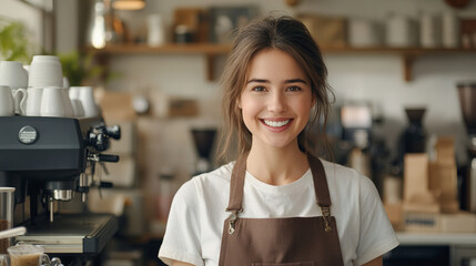 A smiling barista stands in a cozy coffee shop, wearing a white shirt and brown apron, ready to serve freshly brewed coffee.