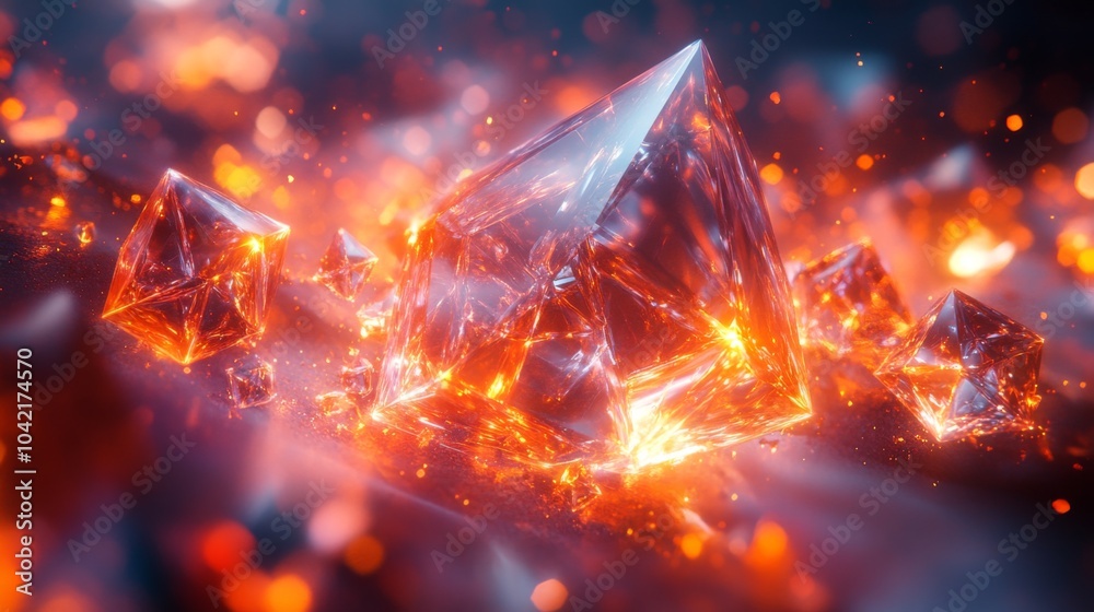 Aufkleber The captivating display features sharp, crystalline shapes sparkling with orange-red hues surrounded by glowing embers, creating a striking abstract visual.