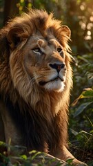 dangerous lion sitting in grass