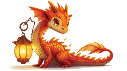 Obraz premium A cute, cartoon-style dragon with orange scales and large eyes, holding a lantern, radiating warmth and charm isolated on white background.