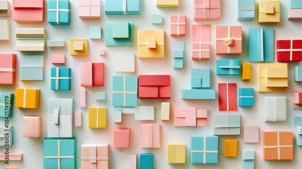 Aufkleber A cheerful array of colorful gift boxes in various sizes, beautifully arranged on a clean white backdrop—ideal for celebrations!. Generative AI