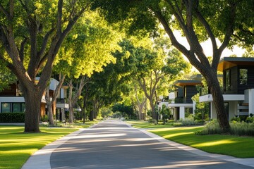 A serene, car-free avenue in a green neighborhood, with wide pathways, green spaces, and modern, energy-efficient homes surrounded by large trees.