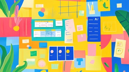 A colorful and cluttered workspace with sticky notes, calendars, and other organizational tools.