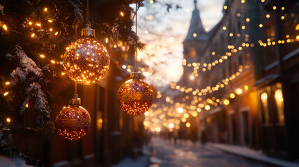 Obraz premium Christmas tree decorations on street of an old town, evening