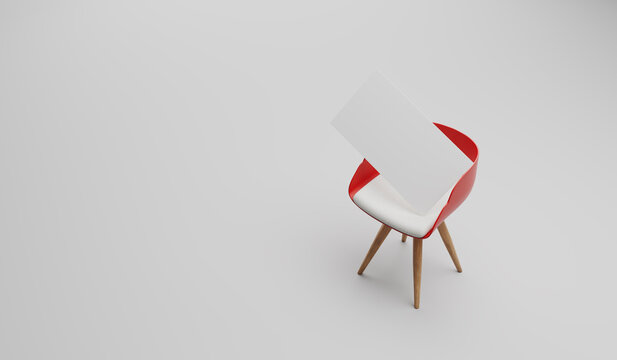 Red modle chair with white blank board on white bckground.