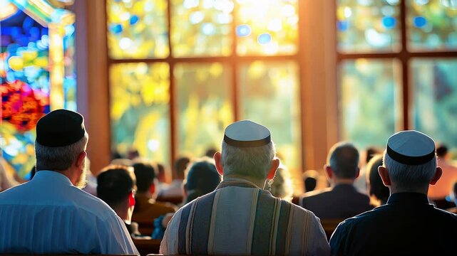 Community gathering in synagogue during morning prayer service