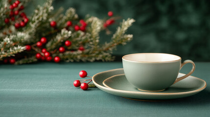 Fototapeta premium A green teacup on a matching saucer sits on a table adorned with vibrant red berries and greenery, creating a festive setting.