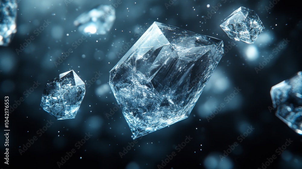 Aufkleber Sparkling crystal fragments drift gracefully in a dimly lit setting, their surfaces reflecting light and creating a mesmerizing visual effect that captivates the viewer.