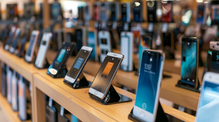 A neat display of smartphones and tablets in an electronics store. 32k, full ultra hd, high resolution