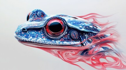 A close-up of a blue frog with red eyes and a stream of pink smoke behind it.