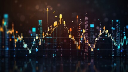 Naklejka premium Abstract digital graphic with colorful data visualization of a stock market chart with rising and falling lines, dots, and a blurred bokeh background.