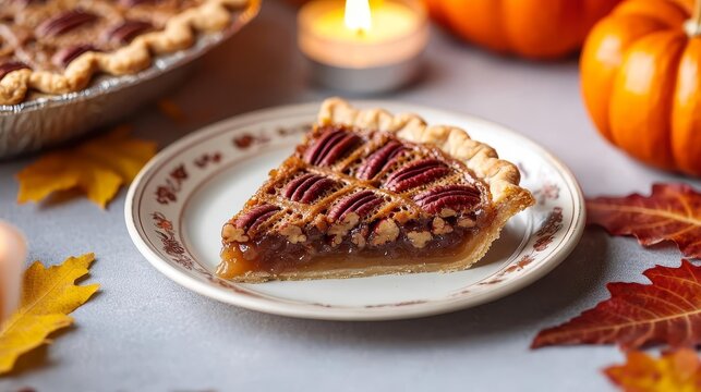 Thanksgivingthemed table with a pecan pie slice on a vintage plate, fall leaves, pumpkins, and a cozy candlelit atmosphere, Thanksgiving pecan pie slice, festive dessert concept