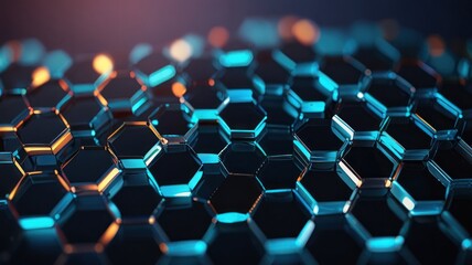 Obraz premium Abstract blue and orange hexagonal pattern with bokeh lights.