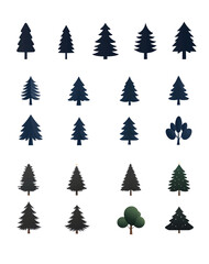 Collection of cartoon-style Christmas trees on a white isolated background. transparent background