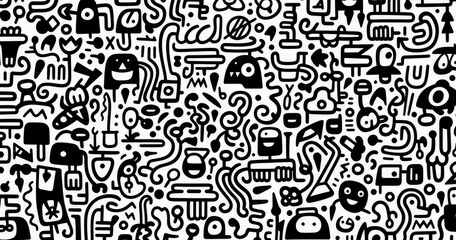 A vibrant, abstract illustration filled with intricate black line designs, showcasing playful shapes and forms.