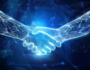 Two hands shaking in a futuristic digital style. Each hand is formed by interconnected nodes and lines, representing technology or a virtual connection Ai Generated Image