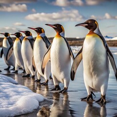 Fototapeta premium A close-up of penguins walking on the ice, their black and white feathers contrasting against the frozen sea