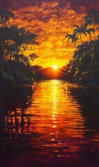 Sunset over water, palm trees, silhouette.