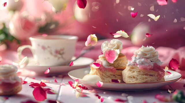 Enjoy delicious scones topped with cream and petals, served with a cup of tea. A beautiful dessert for your tea party or special occasion.