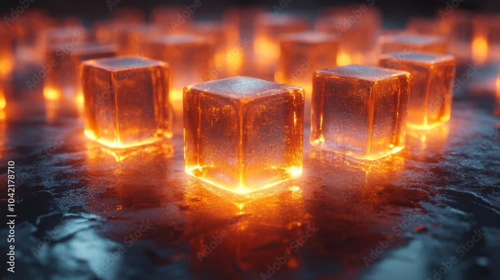 Poster Brightly lit orange ice cubes sit on a wet, reflective surface, creating an intriguing atmosphere with a warm glow in a dark setting.