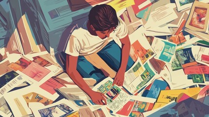 A young man sits surrounded by a sea of colorful magazines, lost in the pages of one, exploring diverse stories and perspectives.
