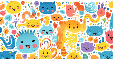 Obraz premium A colorful and playful illustration featuring various cute, smiling creatures and abstract shapes, perfect for children's designs.