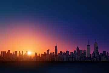 Fototapeta premium Vibrant sunset silhouettes Manhattan's iconic skyline