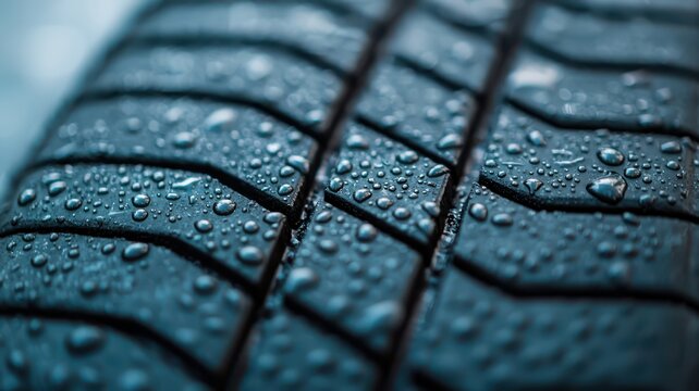 Close-up of a wet tire tread with droplets, emphasizing grip and water resistance.