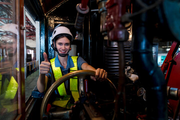 Engineer checking construction process railway and checking work on railroad station . Railway...