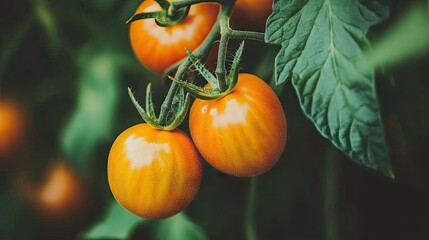 Close-up of vibrant yellow tomatoes ripening on the vine in a lush organic garden bathed in warm sunlight