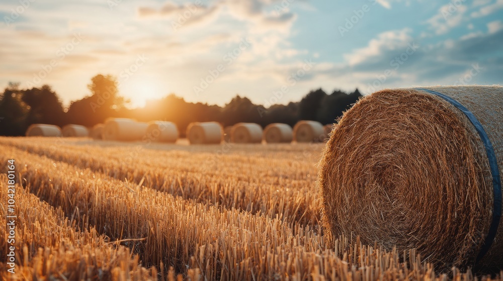 Poster golden stacks of harvested hay dot the landscape, illuminated by the sun against a vibrant fall back