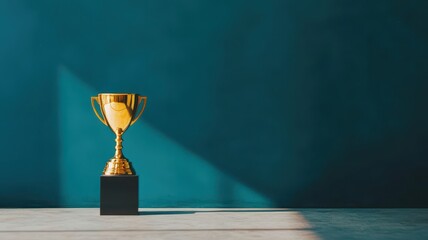 Golden trophy on a black pedestal against a blue wall, minimalistic design.
