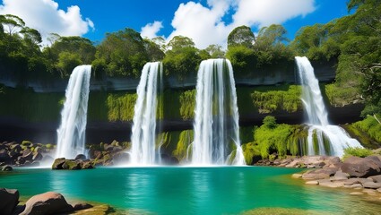 Fototapeta premium Stunning Tropical Waterfall Landscape - Vibrant Nature Art with Crystal Clear Water and Lush Greenery.