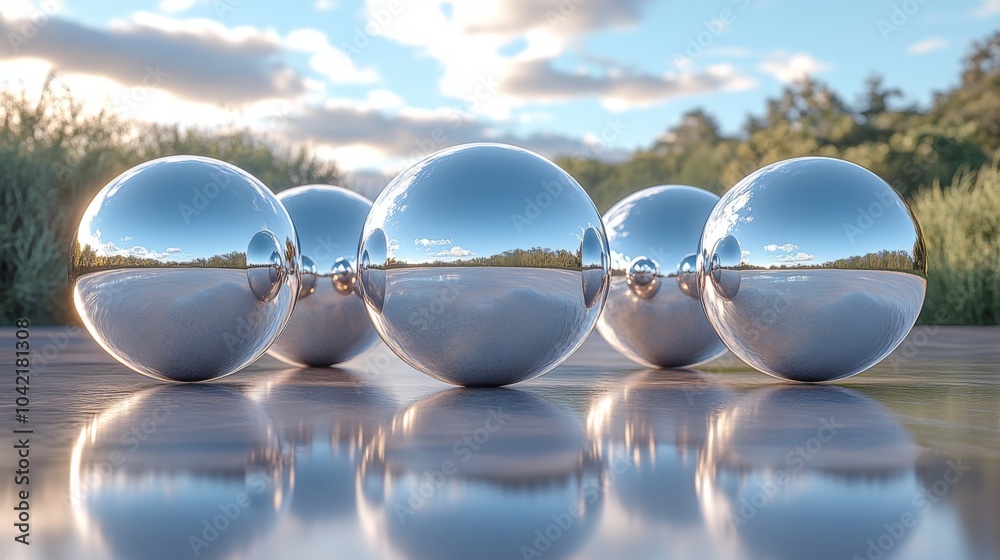 Poster a group of metallic spheres lies on a smooth surface, reflecting the beautiful landscape and clouds 