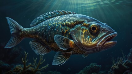 A detailed illustration of a fish swimming in the ocean with coral reefs and sunlight shining through the water.