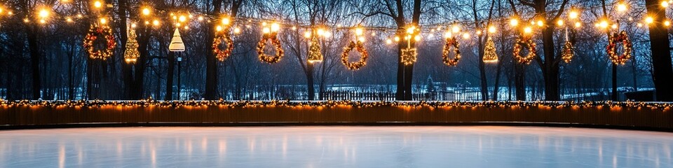 Empty ice rink with festive lights in park at dusk.