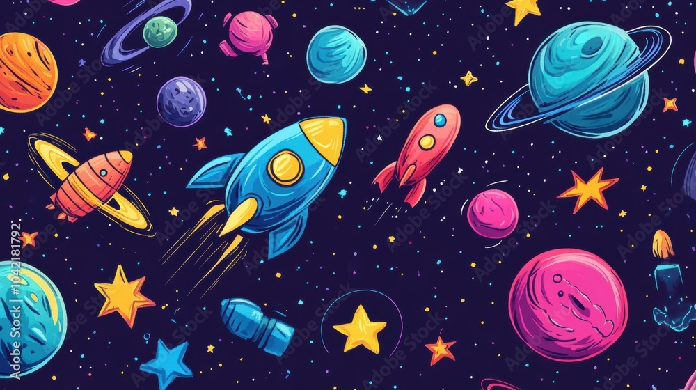Poster a vibrant display of cosmic doodles showcases planets, rockets, stars, and asteroids set against a d