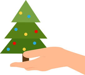Hand holding decorated Christmas tree. Vector illustration with transparent background