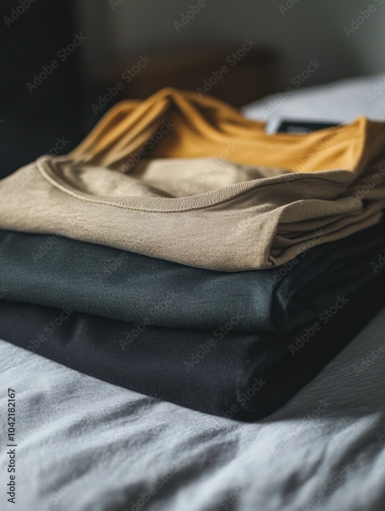 Poster a collection of minimalist sportswear is folded neatly on a smooth table, creating an organized and 