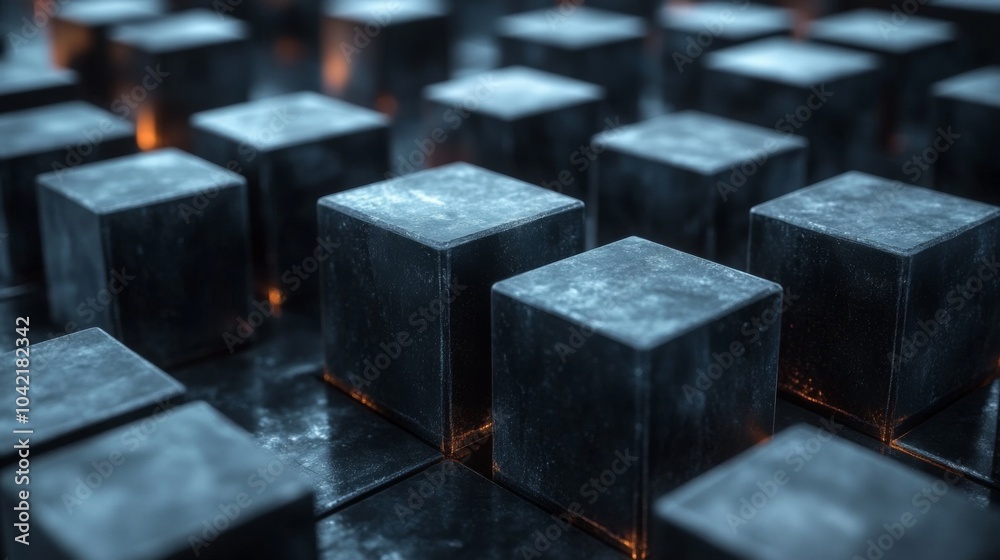 Poster The textured metallic cubes are arranged closely together, showcasing their glowing edges against a dark background, creating a captivating interplay of light and shadows.