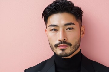 Obraz premium スタイリッシュな男性がピンクの背景に立っている、フォーマルな服装で自信を持って微笑んでいる姿