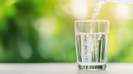 Pure water filled in a glass with a natural blurred background