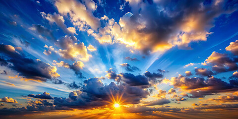 Fototapeta premium The sun rises dramatically, illuminating the sky with deep oranges and yellows while fluffy clouds scatter across the expanse, creating a breathtaking view at dawn